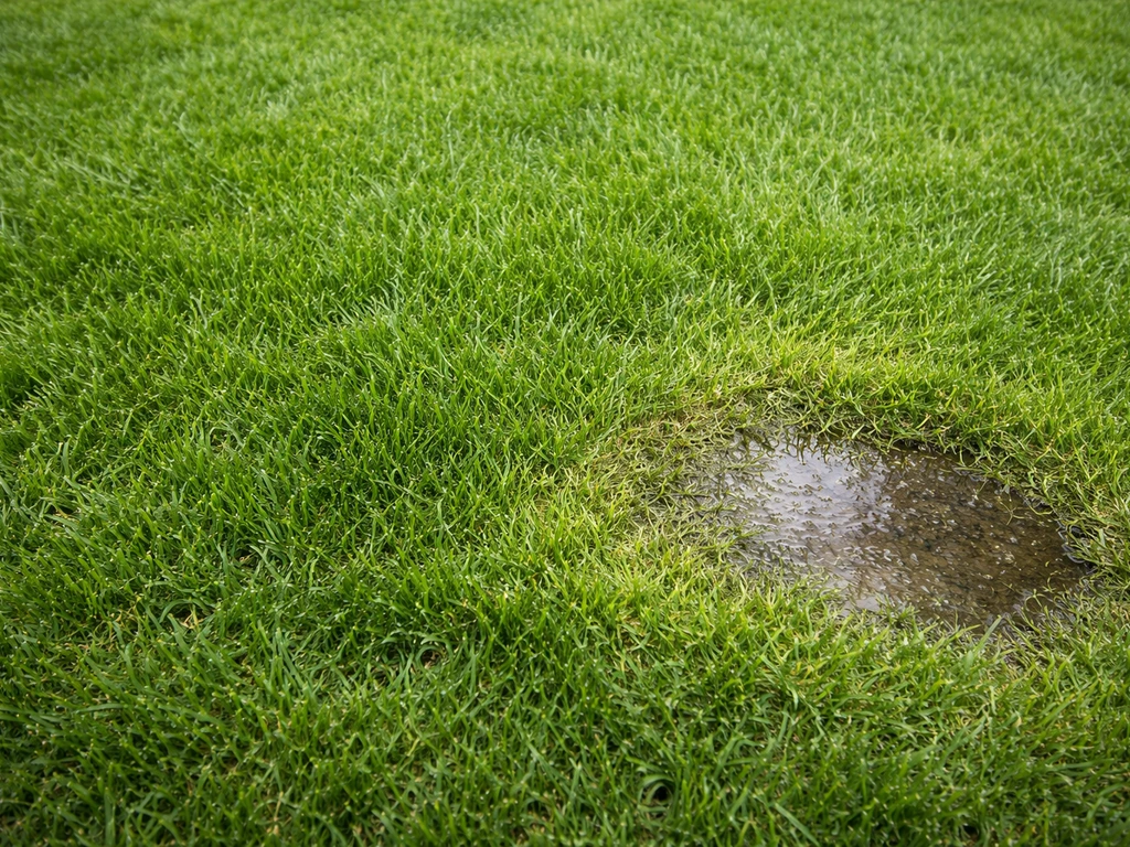Bovenaanzicht van een groen gazon met plek waar water blijft staan en gras licht afwijkt, subtiel probleem zichtbaar.