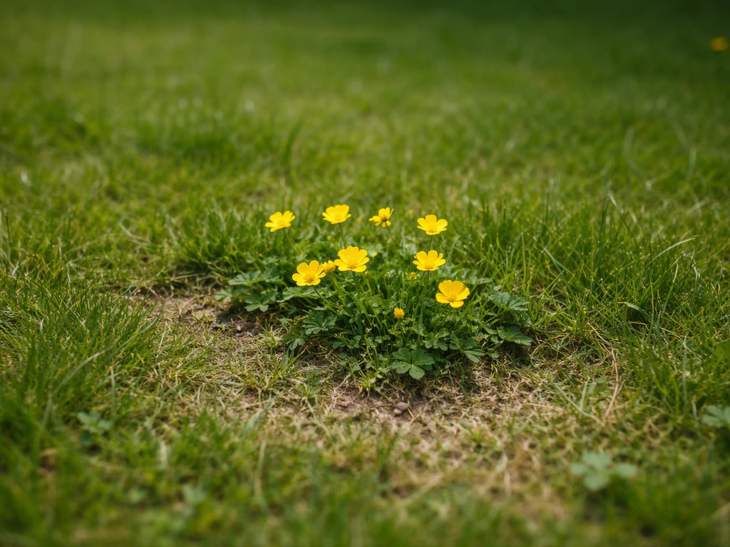 Gele boterbloemachtige bloemen tussen het gras, met lokaal minder dichte grasmat in een gazon.