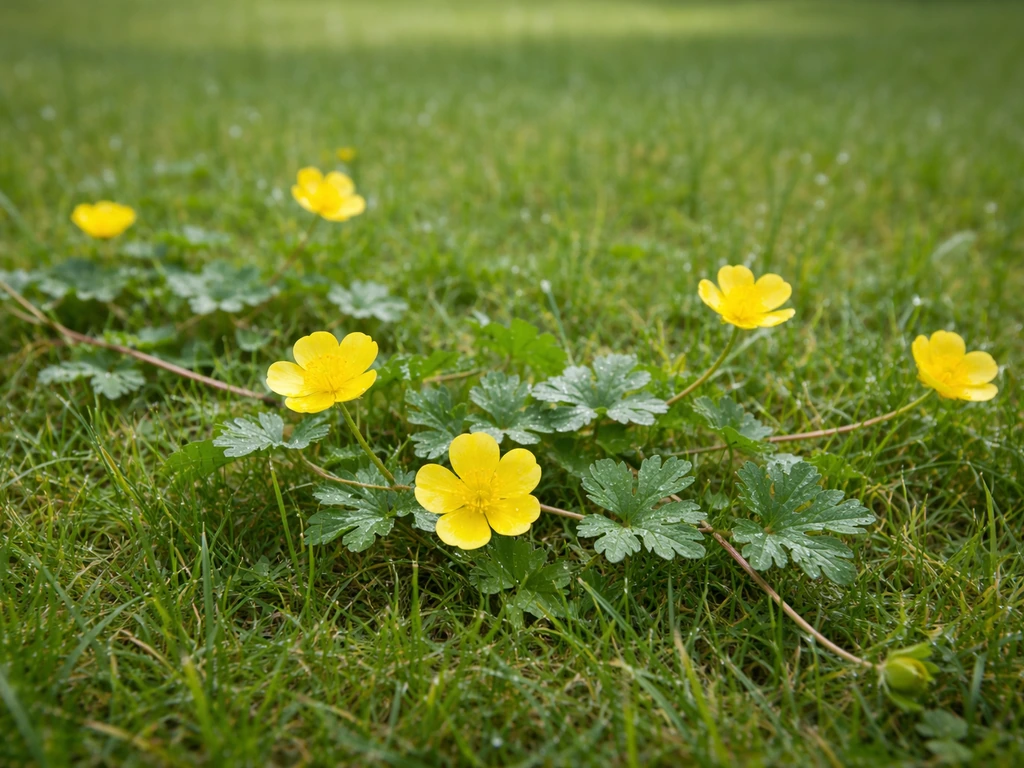 Kruipende boterbloem met felgele bloemetjes op uitlopers tussen het gras, dichtbij gefotografeerd.