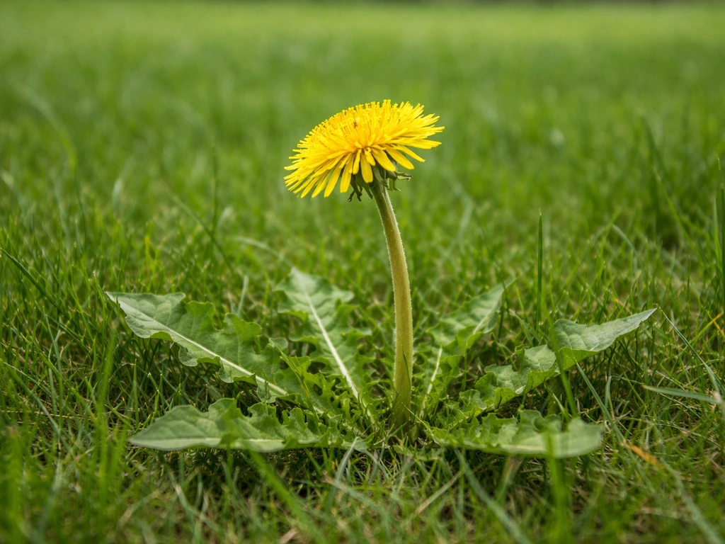 Gele paardenbloem in het gazon, met holle stengel en bladrozet vlak bij de grond.