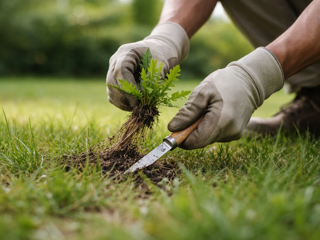 Hand met onkruidwieder trekt onkruid met wortel uit het gras in een rustige tuin bij daglicht.