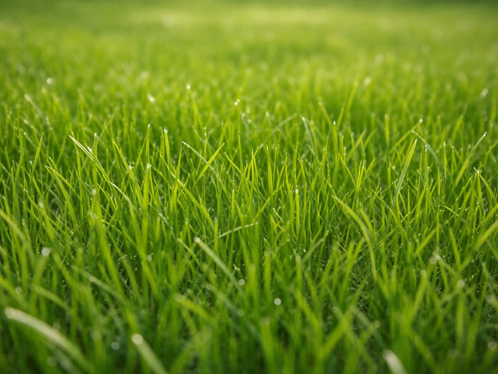 Close-up van dicht, gezond groen gazon in zacht daglicht, met fris grasgevoel op de voorgrond.