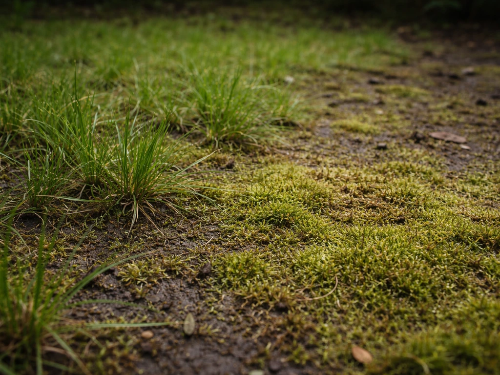 Close-up van mos op verdichte, schaduwrijke grasmat met dunne groene/bruinige laag en zichtbare graspolletjes.