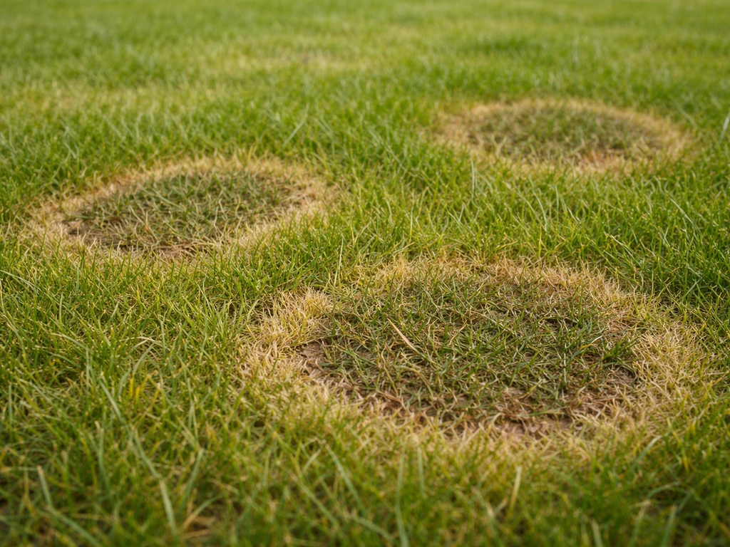 Close-up van een gazon met kringvormige bruinachtige schimmelvlekken en een subtiel randje in het gras.