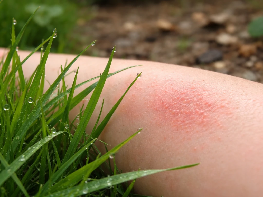 Close-up van grasbladen in een tuin met rood geprikkelde huidvlekken, die huiduitslag door gras suggereren