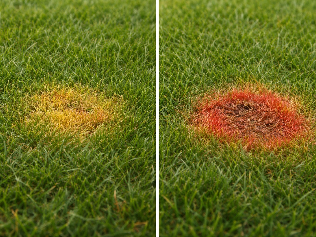 Twee zij-aan-zij foto’s van gras: links geel/oranje plek door irritatie, rechts rood/oranje vlek door allergische reacti