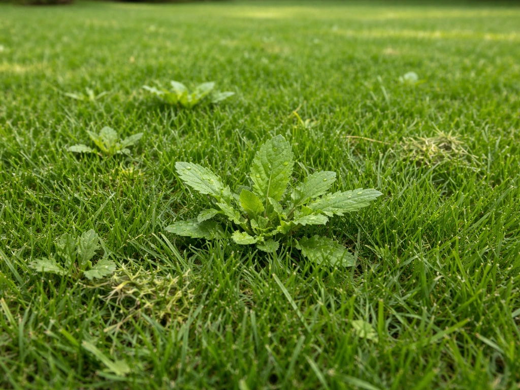 Close-up van gemaaid gras met zichtbaar onkruid en onzuiverheden op het gazon.
