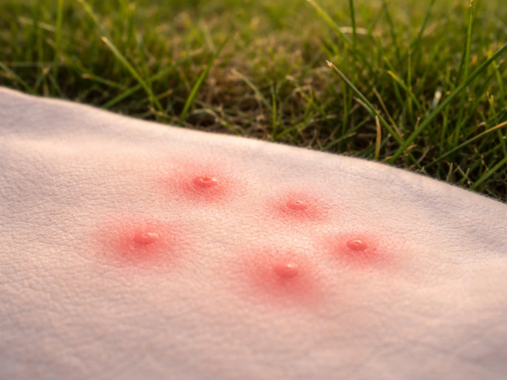 Close-up van gras met een paar kleine roodachtige beetachtige plekjes op een huid-achtige ondergrond, zonder persoon.