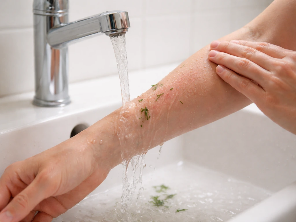 Een huid/onderarm wordt met lauw stromend water afgespoeld na contact met gras; grasresten spoelen weg.