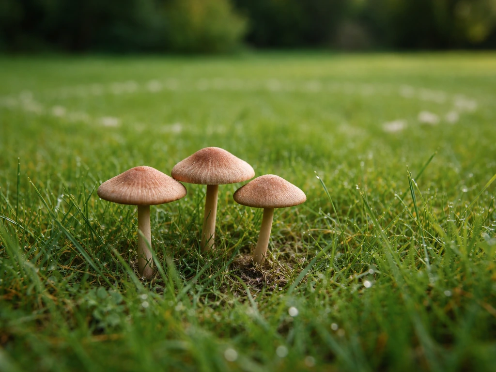Kleine bruine paddenstoelen in het gras van een Nederlands gazon, met subtiele heksenkring in de achtergrond.