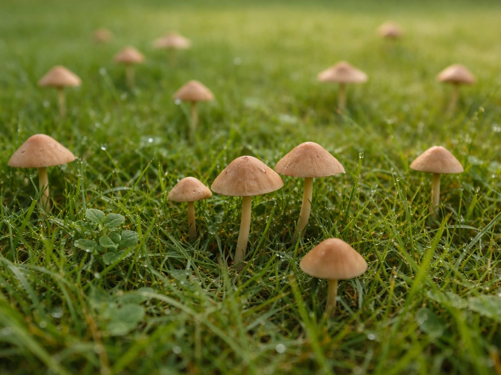 Close-up van kleine bruine paddenstoelen (weidekringzwam) verspreid tussen gras in een gazon.