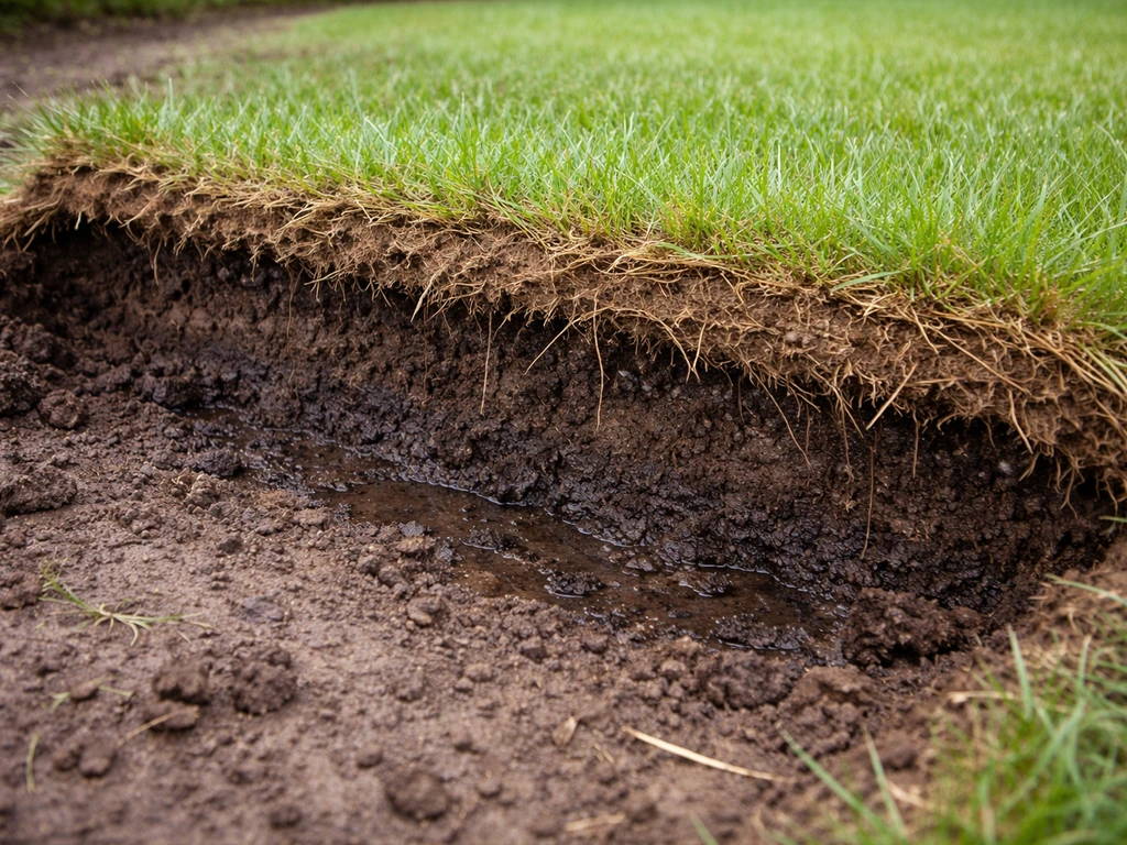 Zijaanzicht van een opengegraven gazonstrook met vochtige bodem, viltlaag en ophoping van dood organisch materiaal.