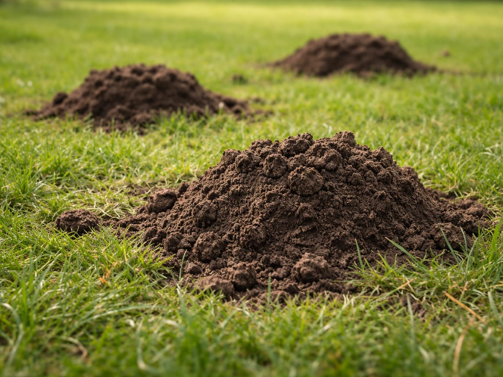 Kegelvormige molshopen in een groen gazon, met gras dat is omgewoeld door zichtbare molactiviteit.
