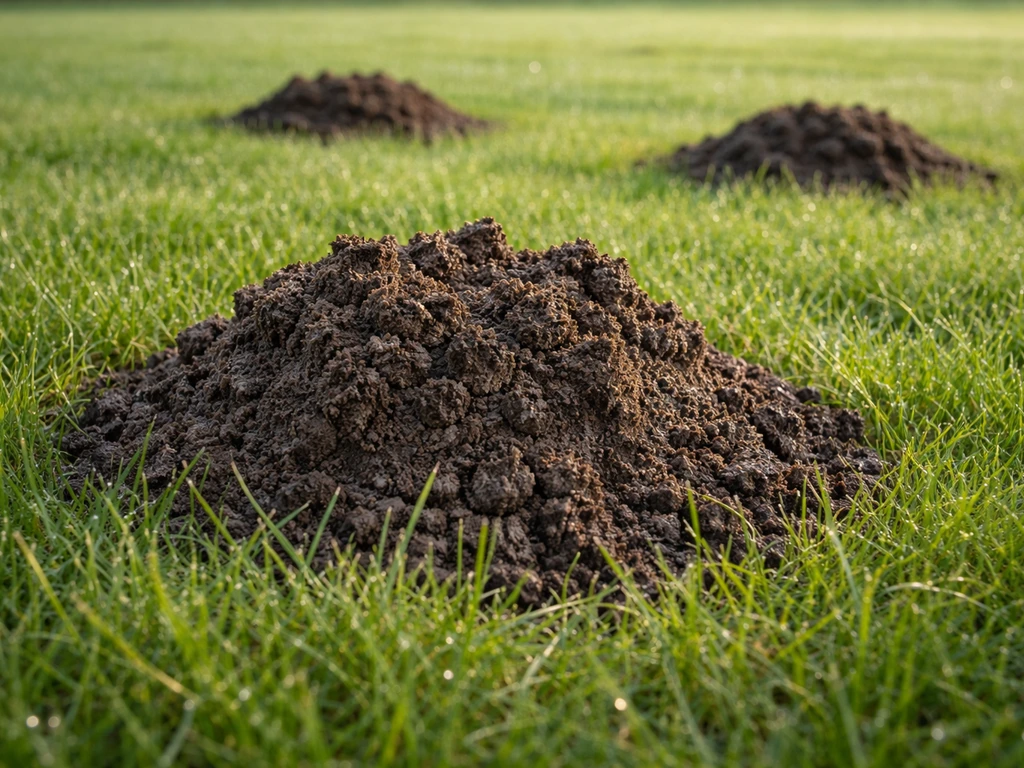 Kegelvormige molshopen in een netjes gazon met gras eromheen, zicht op verse activiteit in de grond