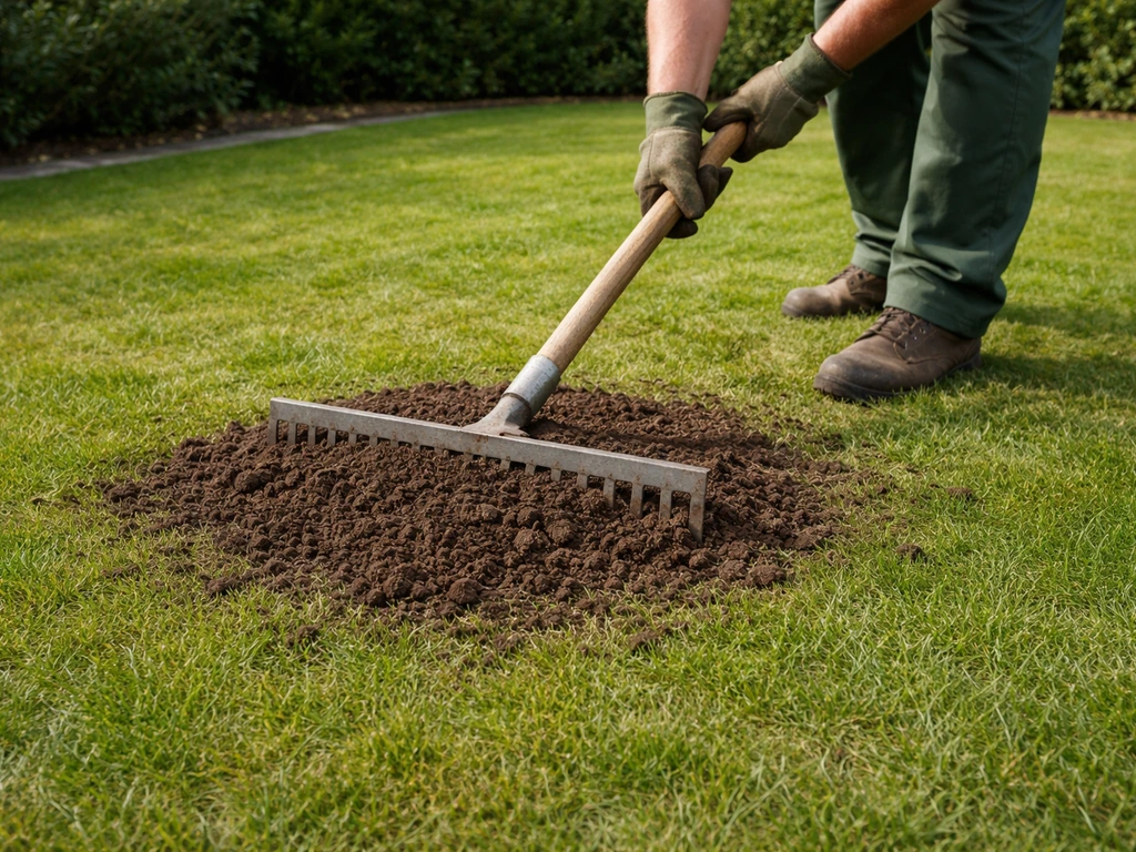 Een tuin met gazon waarop met een brede hark een molshoop wordt geëgaliseerd en grond wordt verdeeld.
