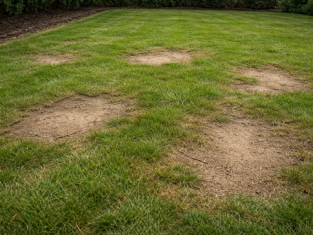 Nederlandse grasmat met meerdere kale plekken en een zichtbaar stuk dat klaar is voor herstel.