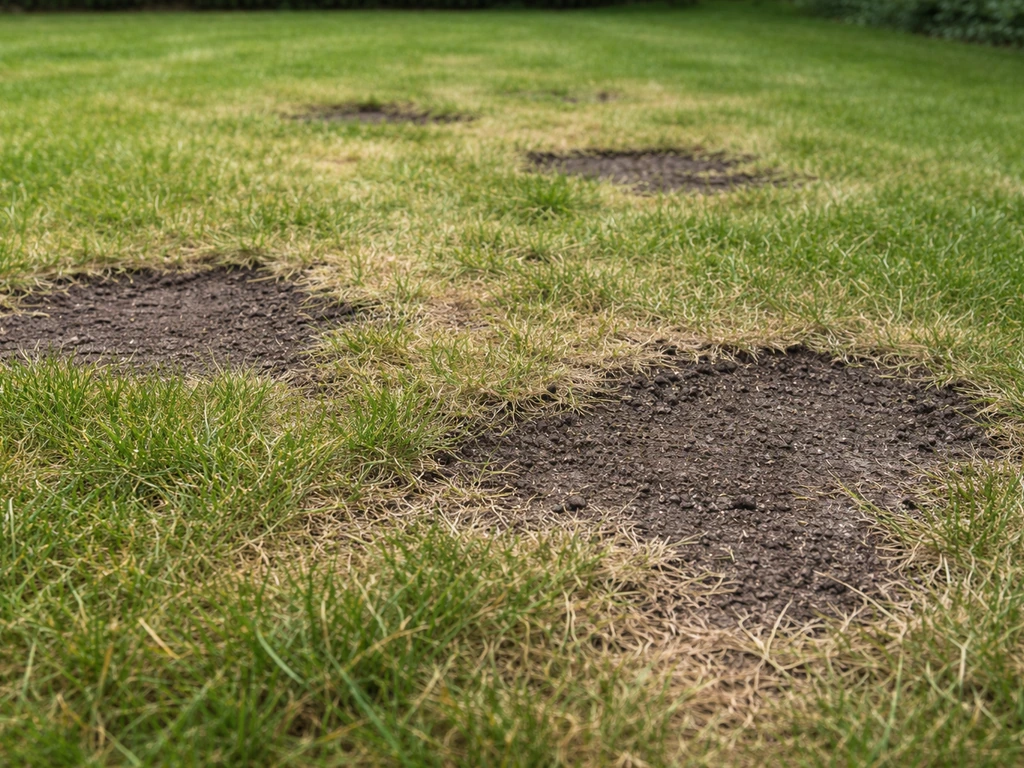 Close-up van kale plekken in een gazon met zichtbare grond tussen schraal en verdroogd gras.