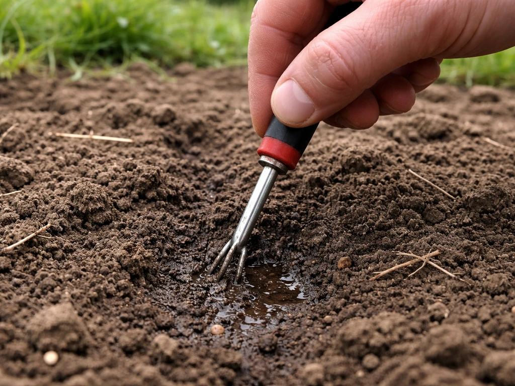 Hand die een schroevendraaier in kale grond steekt voor een snelle bodem- en vochtcheck.