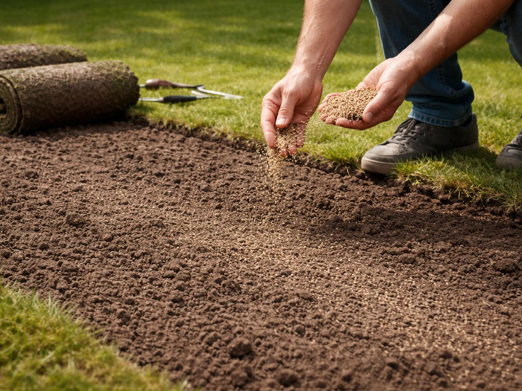 Persoon zaait graszaad op een kale strook aarde in de tuin, met zicht op losse grond en voorbereide zoden.