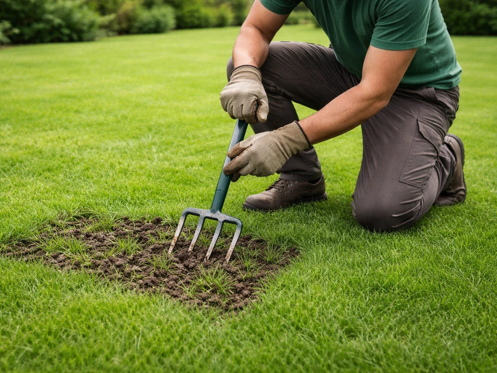 Anonieme tuinier belucht een gazon met een spikvork; het gras veert terug voor een dicht, sterk gazon.