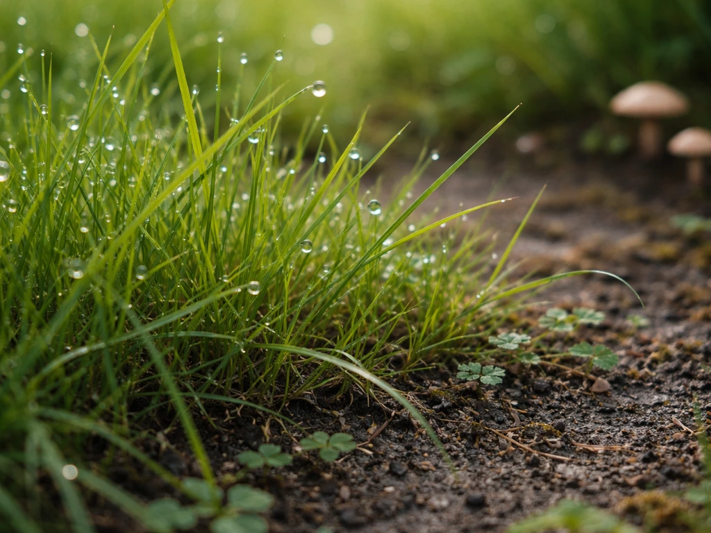 Close-up van dicht zomergras met vocht op grassprieten en donkere, vochtige bodem waar paddenstoelen kunnen groeien.