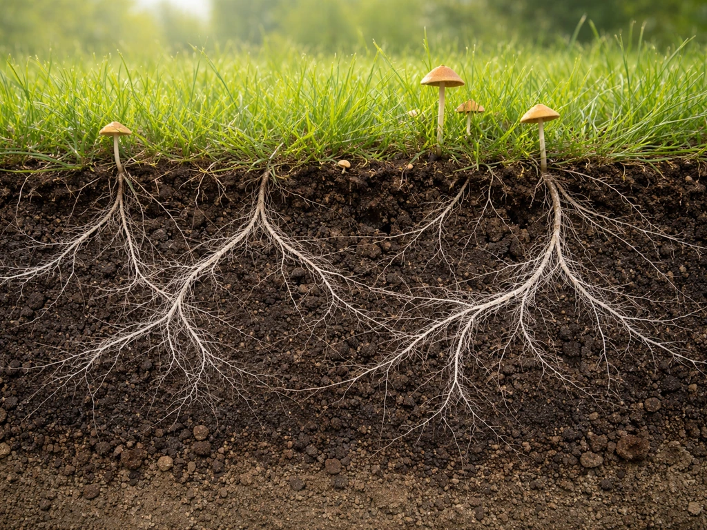 Dwarsdoorsnede van een gazon met mycelium onder de grasmat en enkele paddenstoelen erboven.