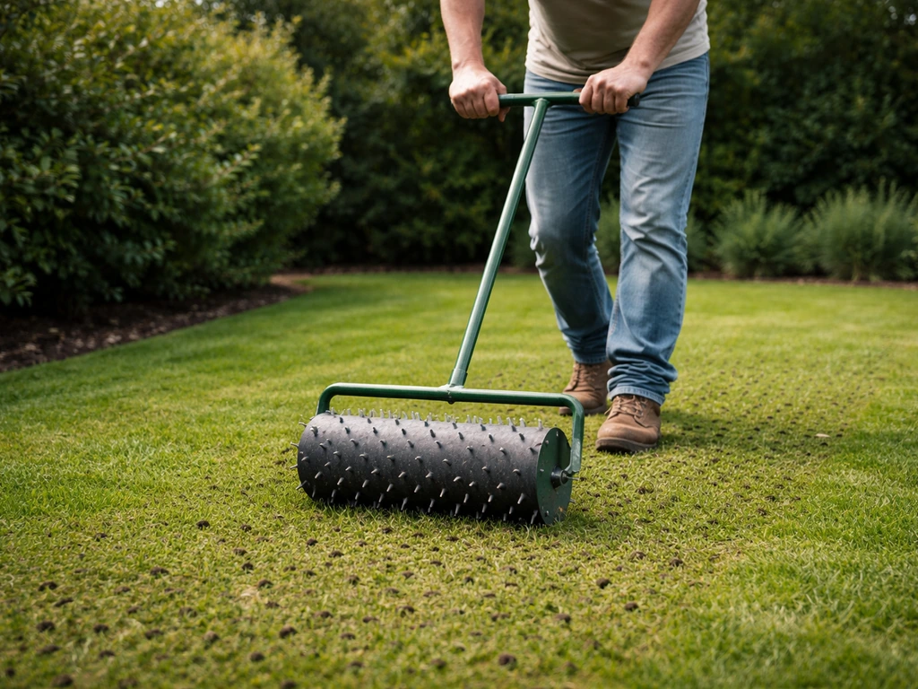 Tuinier die een gazon belucht met een prikrol, met ruw gras en bodem zichtbaar