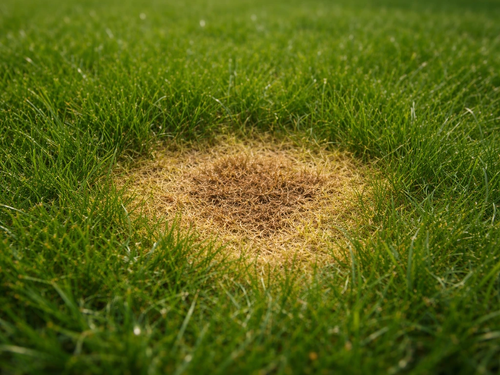 Close-up van urine vlekken in het gras: gele/bruine beschadigde kern in verder groen gazon.
