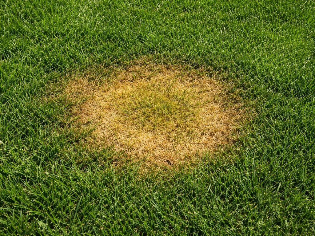 Close-up van gras met een gele tot bruine urinevlek en randen die het typische patroon tonen.