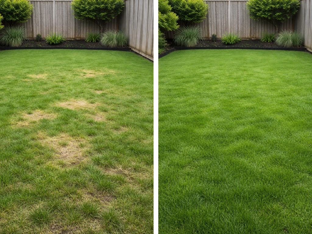Links vergeeld gras door hond urine, rechts later weer aangroei op dezelfde plek in de tuin