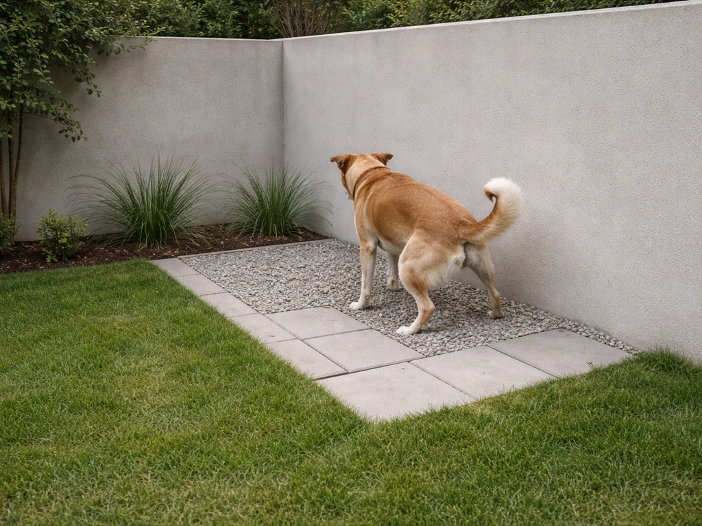 Anonieme hond plast op een vast afgebakend grind-/tegelplekje in de tuin, met gras ernaast.