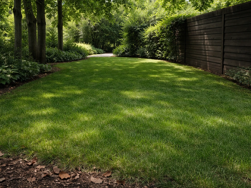 Schaduwgazon onder bomen met dicht, groen en egaal gras en weinig mos, in een rustige tuin in Nederland
