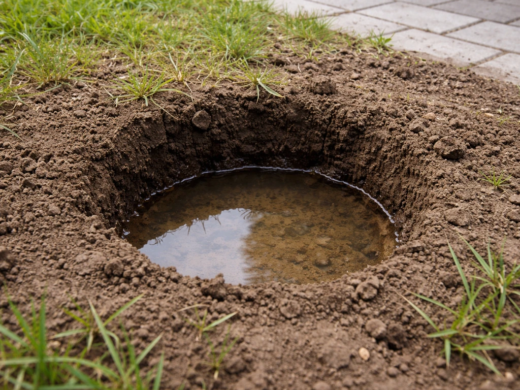 Testputje in de tuin met zichtbaar waterniveau na regen, zachte bodem en schaduwen