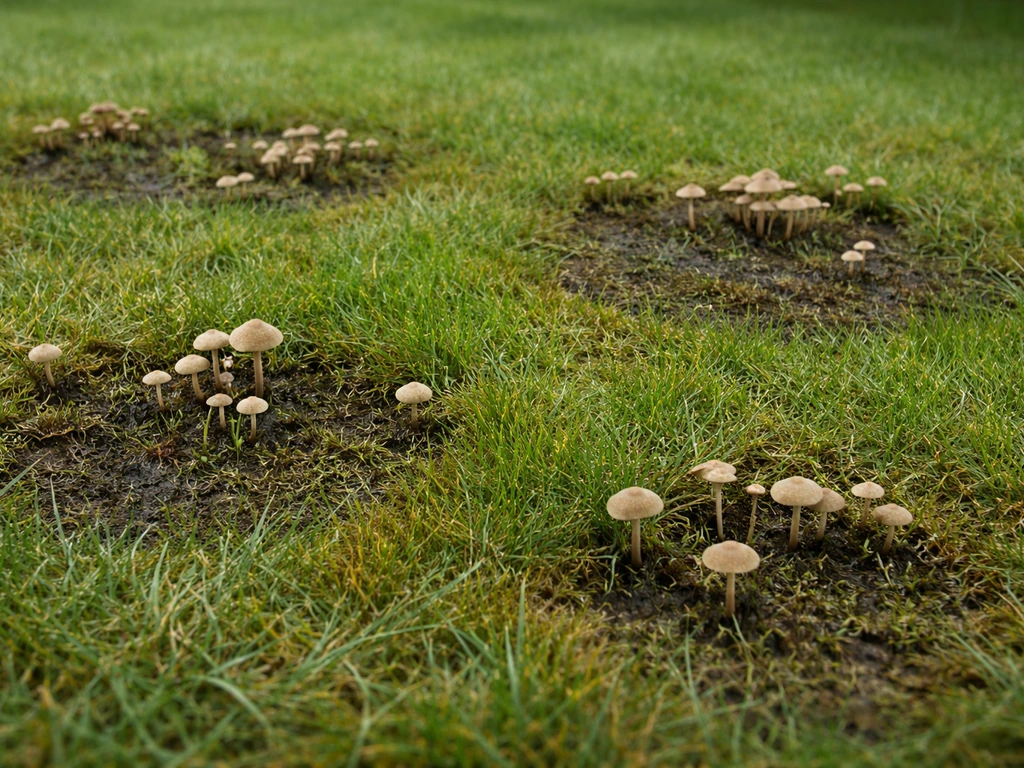 Paddestoelen in een schuin gazon met vochtige, viltige plekken in het gras, zonder personen.