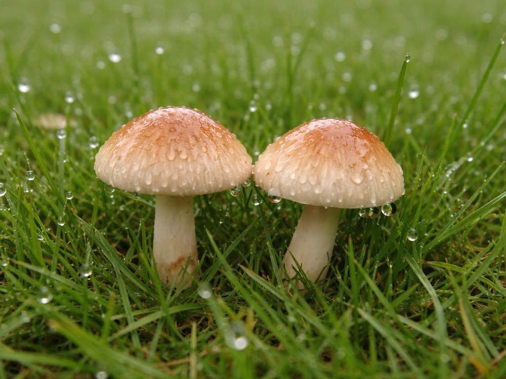 Losse paddenstoelen net na regen die uit het gras komen, met druppels op grasbladeren