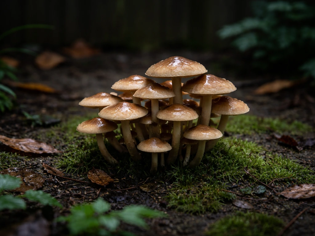 Schaduwrijke, vochtige hoek van de tuin met paddenstoelen tussen mos en bladeren.