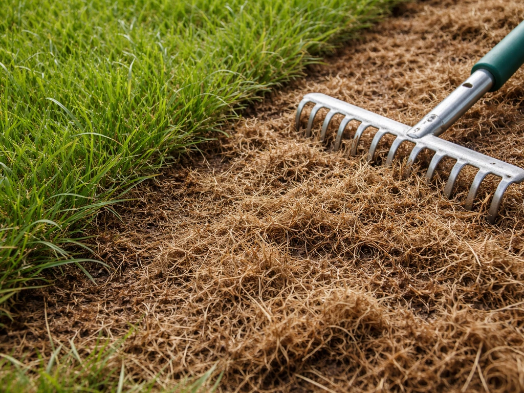 Detail van een viltlaag in het gazon met uitgestoken los materiaal tussen het gras, gereedschap erbij.