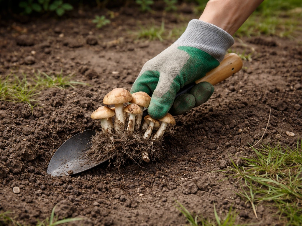 Hand trekt paddenstoelen uit de grond; alleen vruchtlichamen worden verwijderd, bodem blijft zichtbaar.