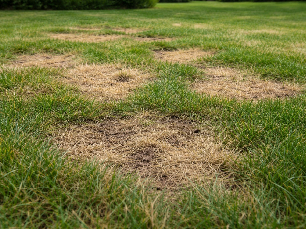 Close-up van een gazon met gele en bruine beschadigde plekken, passend bij emelten in je gras.