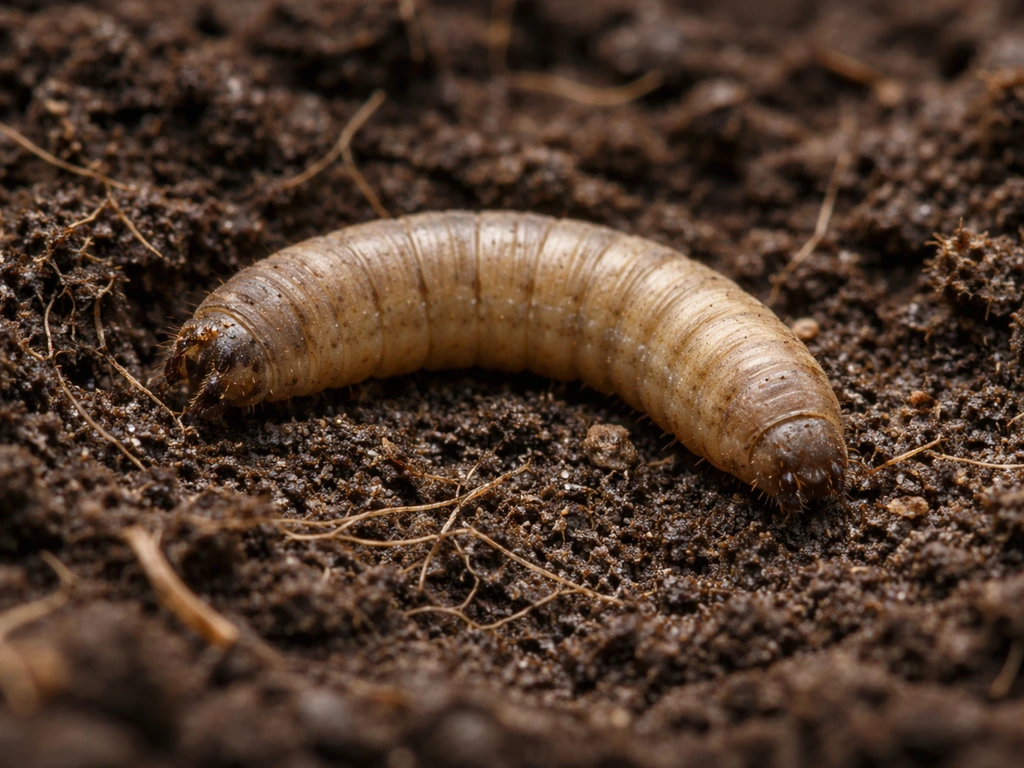 Close-up van een langpootmug-larve (emelt) in vochtige tuinaarde, met subtiele bodemcontext.