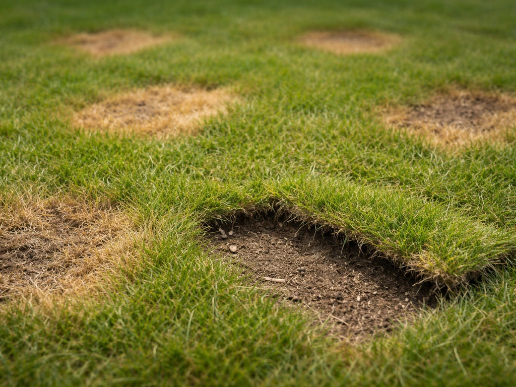 Onregelmatige gele en bruine plekken in het gras met een opengedraaide zode die de grond eronder toont.
