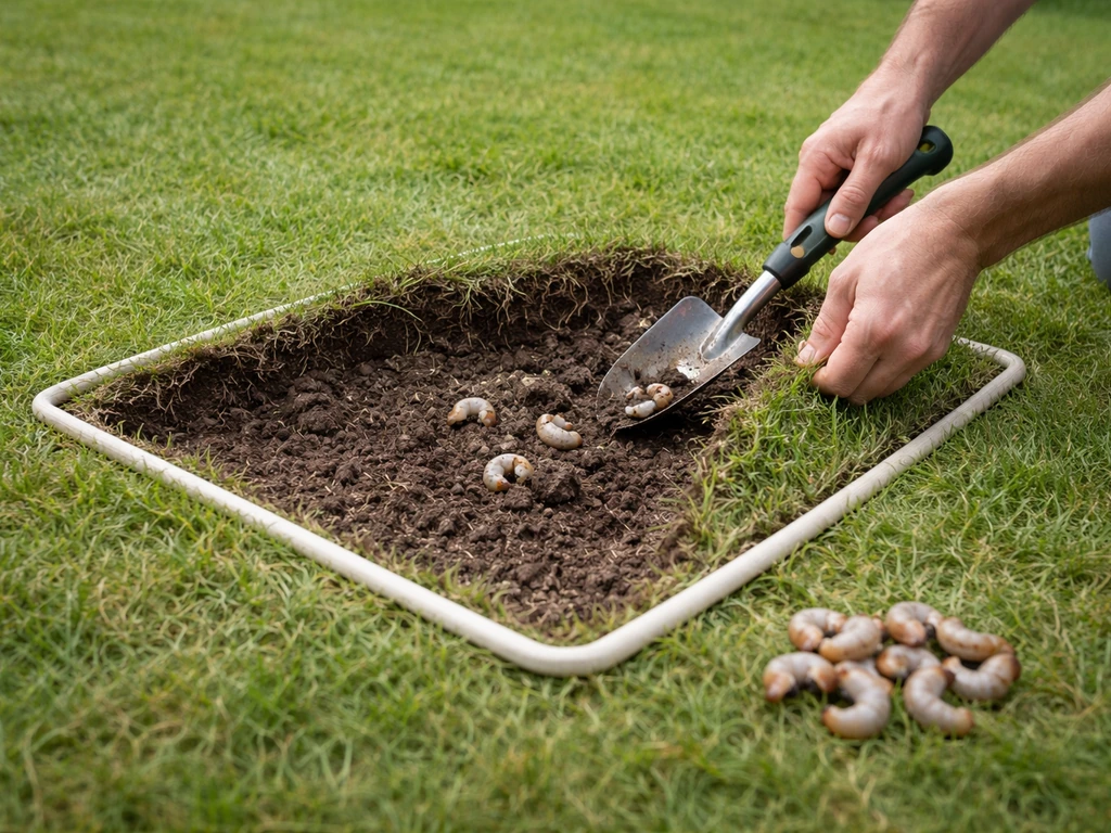 Hand schept larven uit een 30x30 cm proefvlak op het gazon, met afbakening in het gras