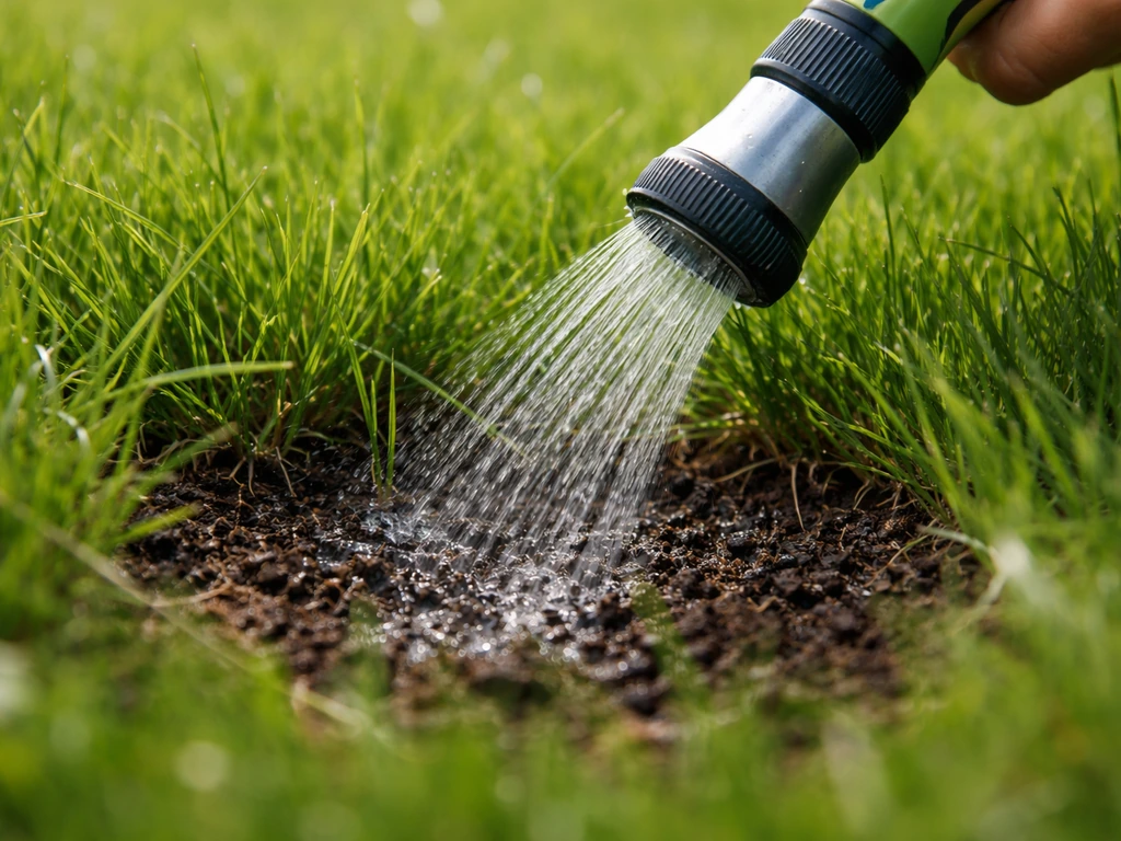 Close-up van een sproeier die aaltjes-oplossing op nat gazon giet, met zichtbare druppels in de grond.